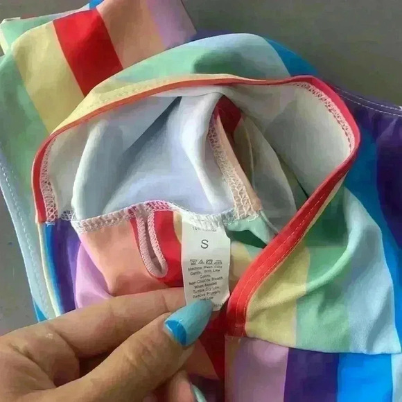 Multicolor Rainbow Striped Front Knot Two Piece High Waist Bikini Set Size S - Picture 13 of 13